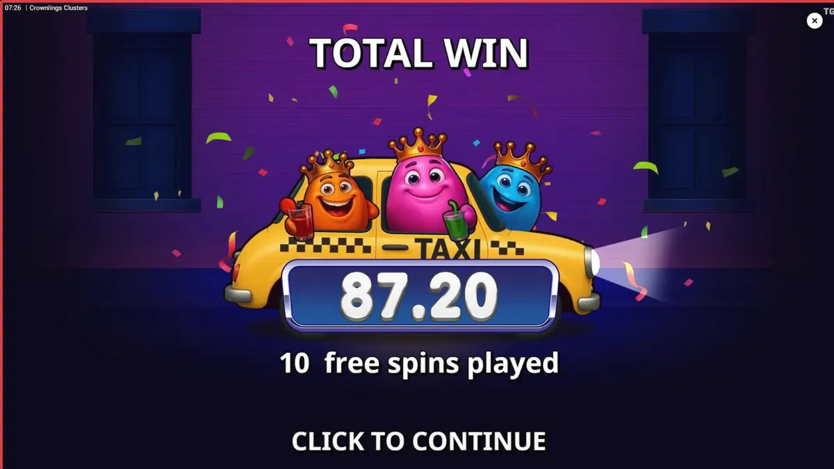 Interface colorida e neon do slot Crownlings Clusters com criaturas blobby